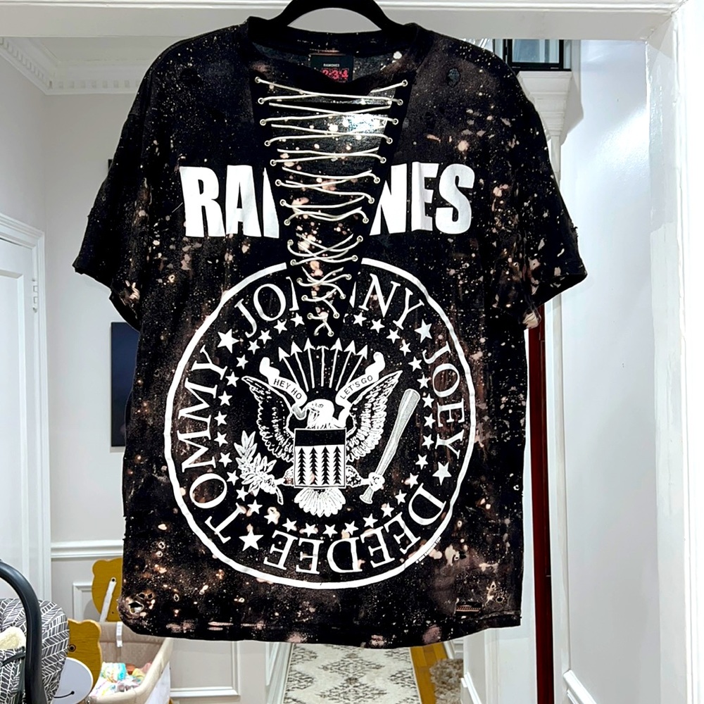 Ramones distressed bleached lace up front tee shirt T shirt